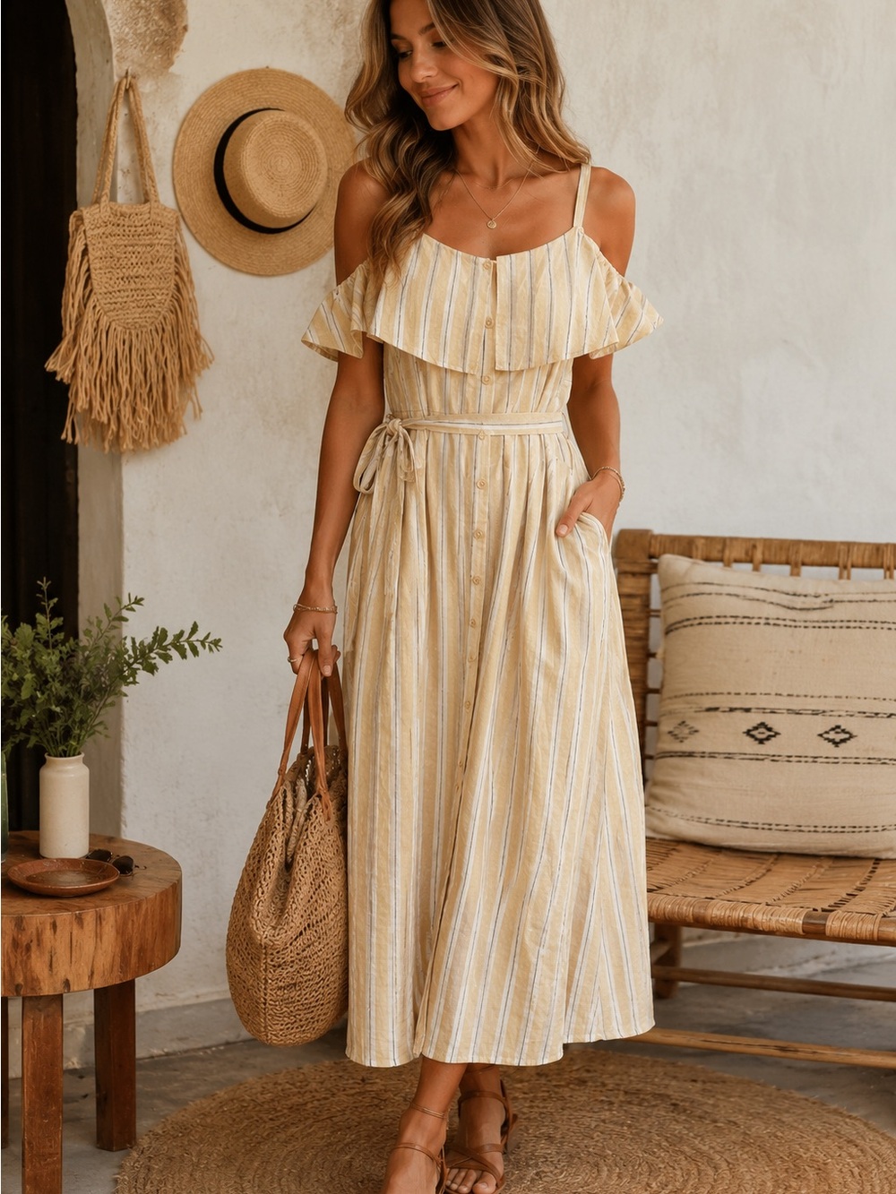 Luxology Women's Yellow Stripe Off-Shoulder Midi Dress - sz L - 21”PTP